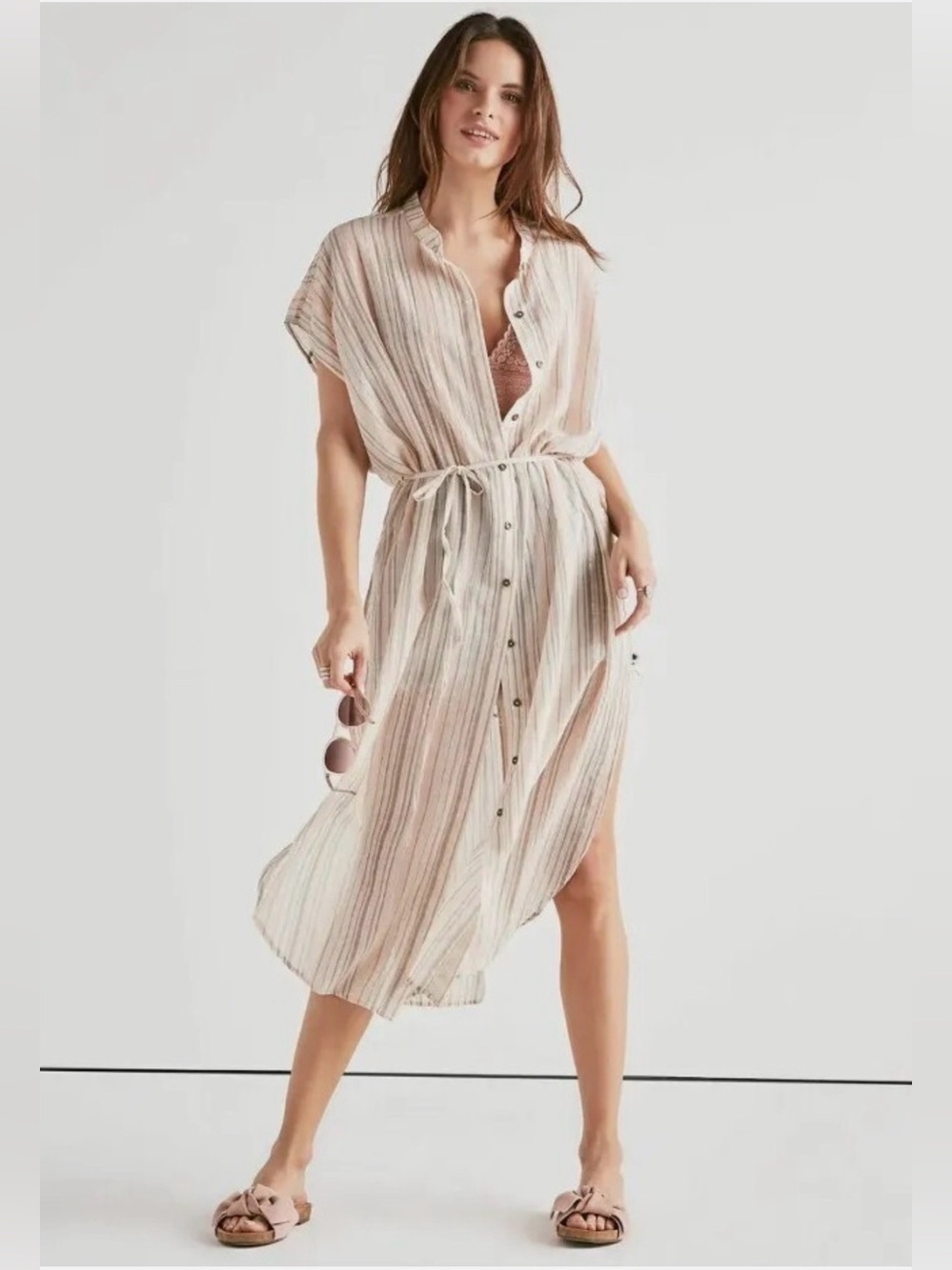 Lucky Brand Striped Button-Front Multicolor Cream Shimmer Boho Beach Coverup